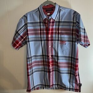 1990’s TOMMY JEANS RED & BLUE  PLAID SS  MED LOGO BUTTONED DOWN